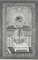 "Shah Jahan on a Terrace, Holding a Pendant Set With His Portrait", Folio from the Shah Jahan Album, Painted by Chitarman (Indian, active ca. 1627–70), Ink, opaque watercolor, and gold on paper